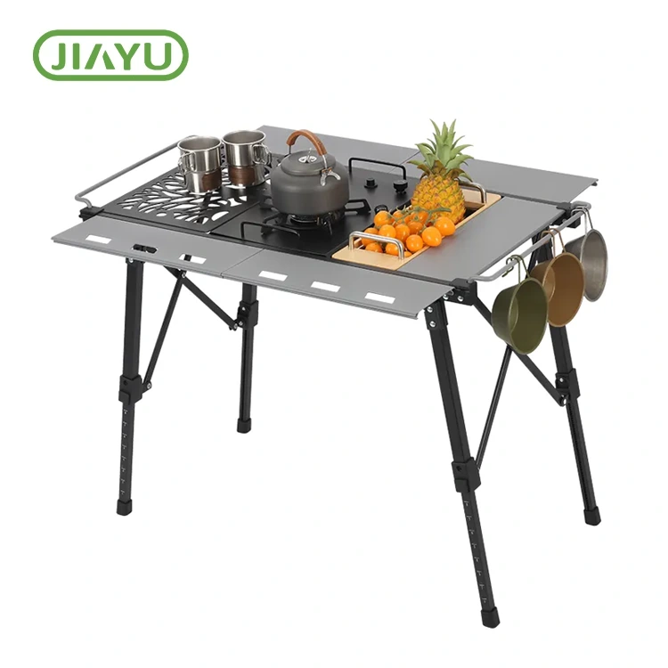 Table de camping surélevée et abaissée avec poêle